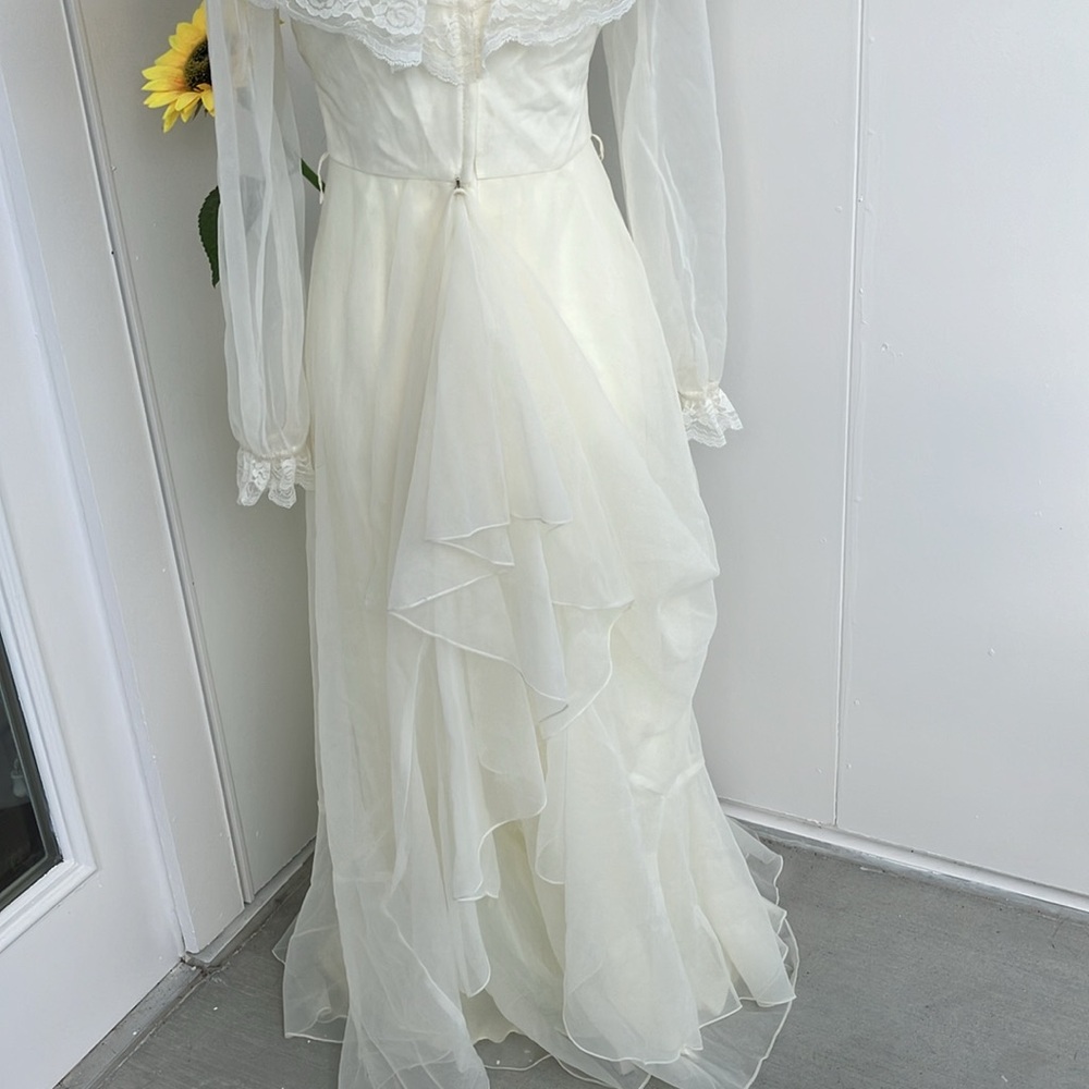 Vintage 70s Floor-Length Maxi Cream High Neck Ruffle Cream Prairie Wedding Dress - Picture 10 of 14